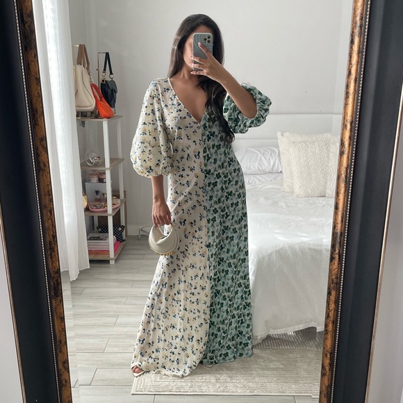 Lee Mathews Eloise Contrast Two-Tone Floral Maxi w/ Puff Sleeves - Picture 3 of 10